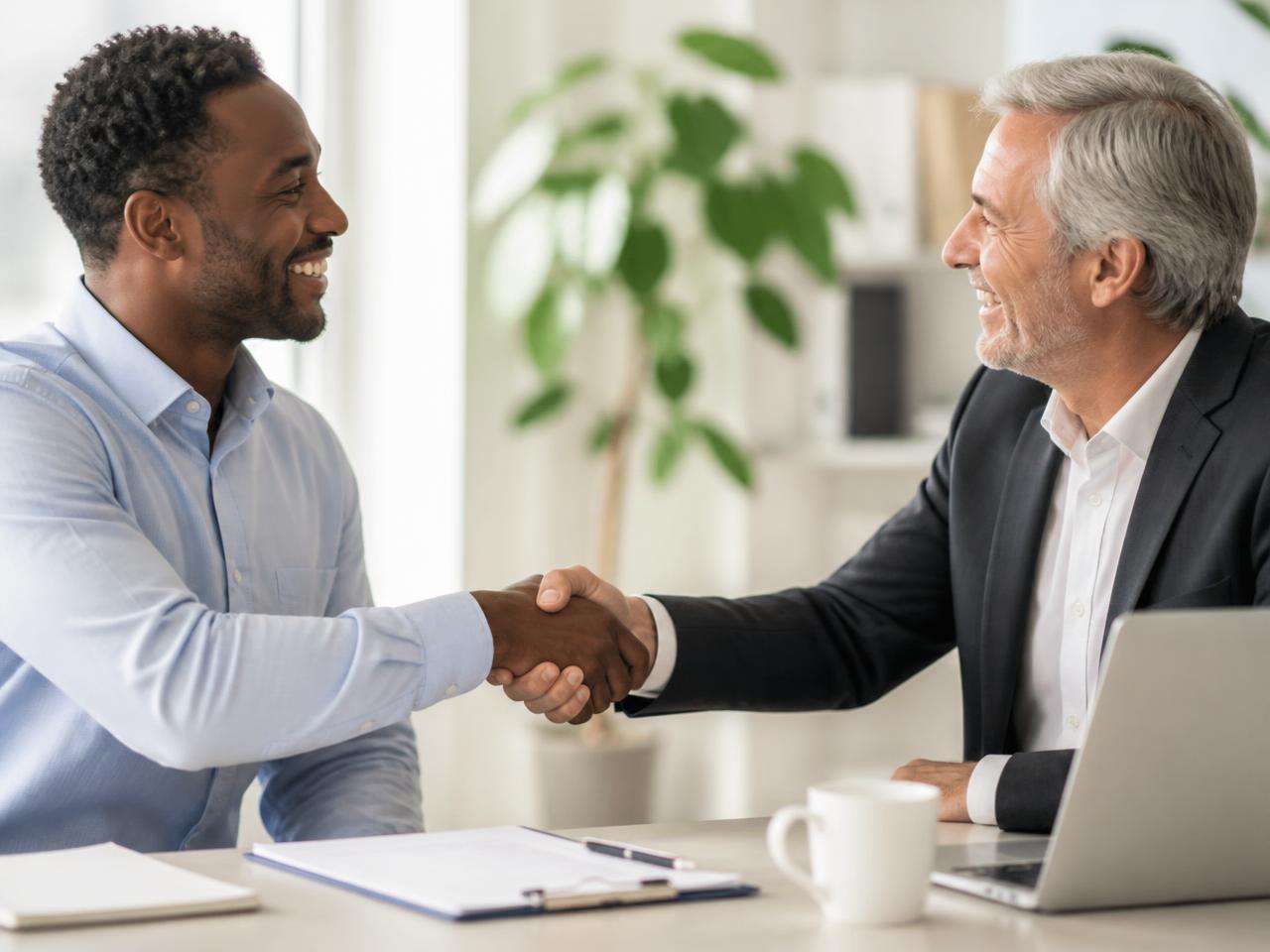 Two business partners shaking hands across a bright office table